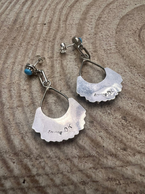 Davis Kaamasee Zuni Handmade Sterling and Kingman Turquoise Dangle Earrings - Cowhide and Conchos