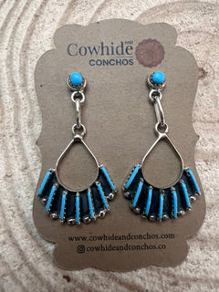 Davis Kaamasee Zuni Handmade Sterling and Kingman Turquoise Dangle Earrings - Cowhide and Conchos