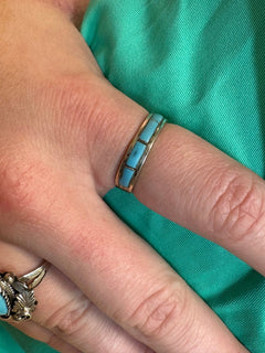 Debbie Livingston Navajo Handmade S/S Kingman Turquoise Ring - Sizes 7, 8, and 8.5 - Cowhide and Conchos