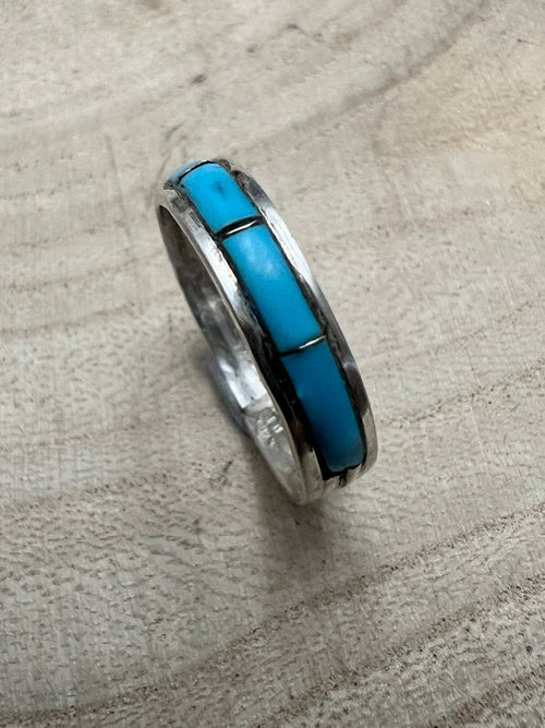 Debbie Livingston Navajo Handmade S/S Kingman Turquoise Ring - Sizes 7, 8, and 8.5 - Cowhide and Conchos