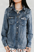 Denim Blue Washed Concho Button Down Western Tencel Shirt - Cowhide and Conchos