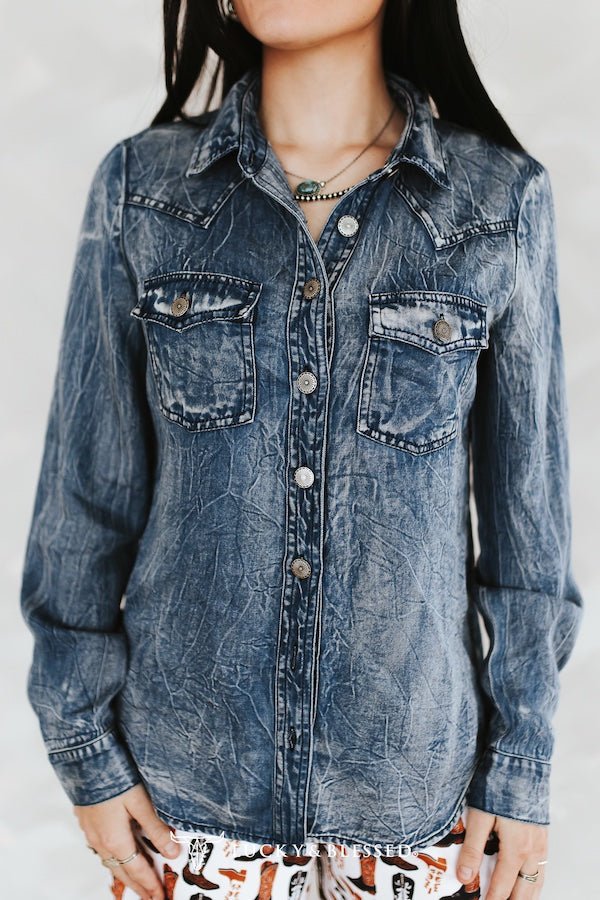 Denim Blue Washed Concho Button Down Western Tencel Shirt - Cowhide and Conchos