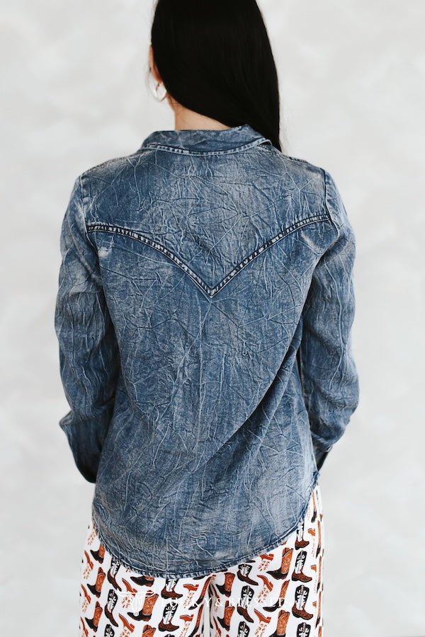 Denim Blue Washed Concho Button Down Western Tencel Shirt - Cowhide and Conchos