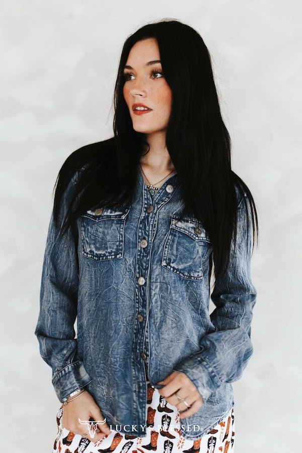 Denim Blue Washed Concho Button Down Western Tencel Shirt - Cowhide and Conchos