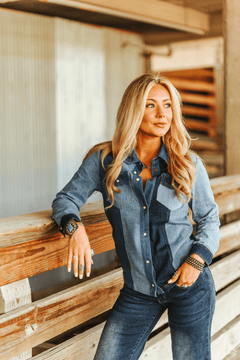 Denim Multi Wash Button Down Shirt - Cowhide and Conchos