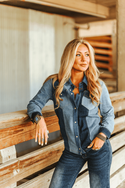 Denim Multi Wash Button Down Shirt - Cowhide and Conchos