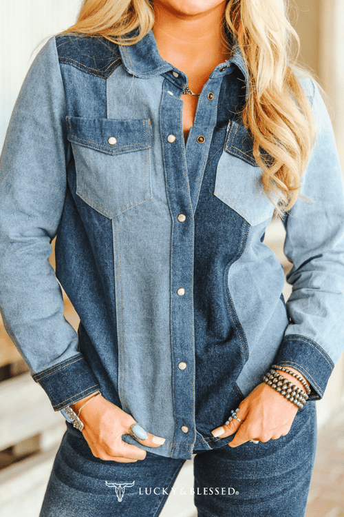 Denim Multi Wash Button Down Shirt - Cowhide and Conchos