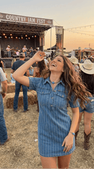 Denim Rhinestone Striped Detailed Collared Dress - Cowhide and Conchos