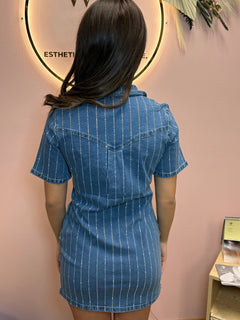Denim Rhinestone Striped Detailed Collared Dress - Cowhide and Conchos