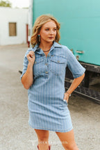 Denim Rhinestone Striped Detailed Collared Dress - Cowhide and Conchos