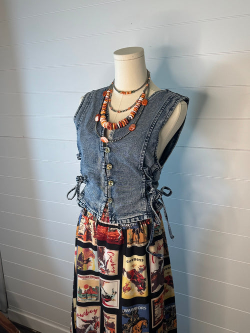Denim Vest with Lace Up Sides - Cowhide and Conchos