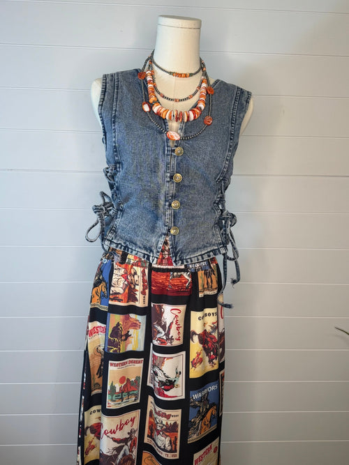 Denim Vest with Lace Up Sides - Cowhide and Conchos