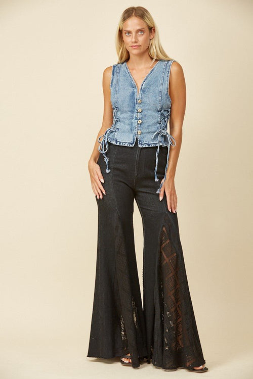 Denim Vest with Lace Up Sides - Cowhide and Conchos