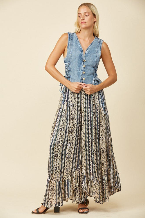 Denim Vest with Lace Up Sides - Cowhide and Conchos