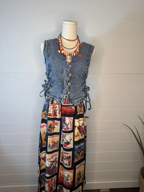 Denim Vest with Lace Up Sides - Cowhide and Conchos