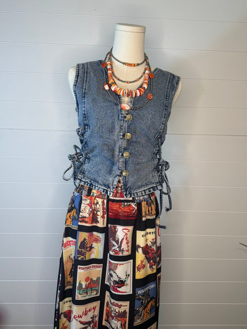 Denim Vest with Lace Up Sides - Cowhide and Conchos