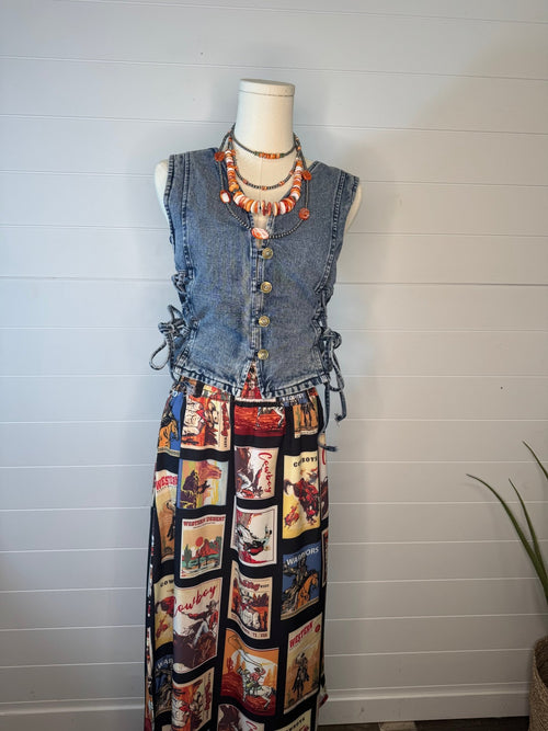 Denim Vest with Lace Up Sides - Cowhide and Conchos