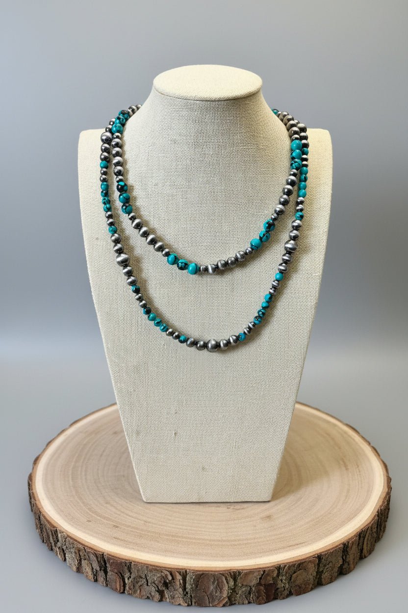 Desert Dream: Layered Western Fashion Pearl & Faux Turquoise Necklace Set (18" & 22") - Cowhide and Conchos