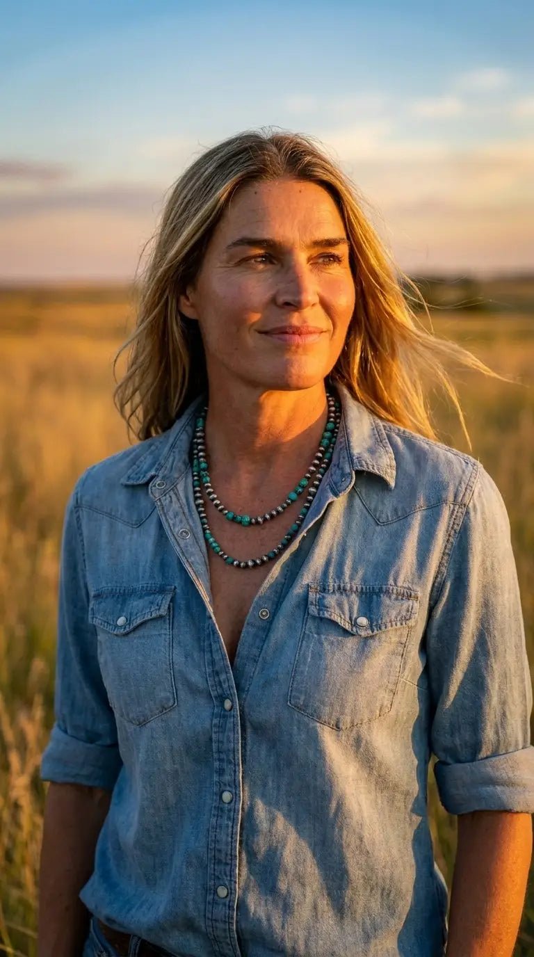 Desert Dream Western Layered Necklace Set — Faux Pearl & Turquoise (18" & 22") - Cowhide and Conchos