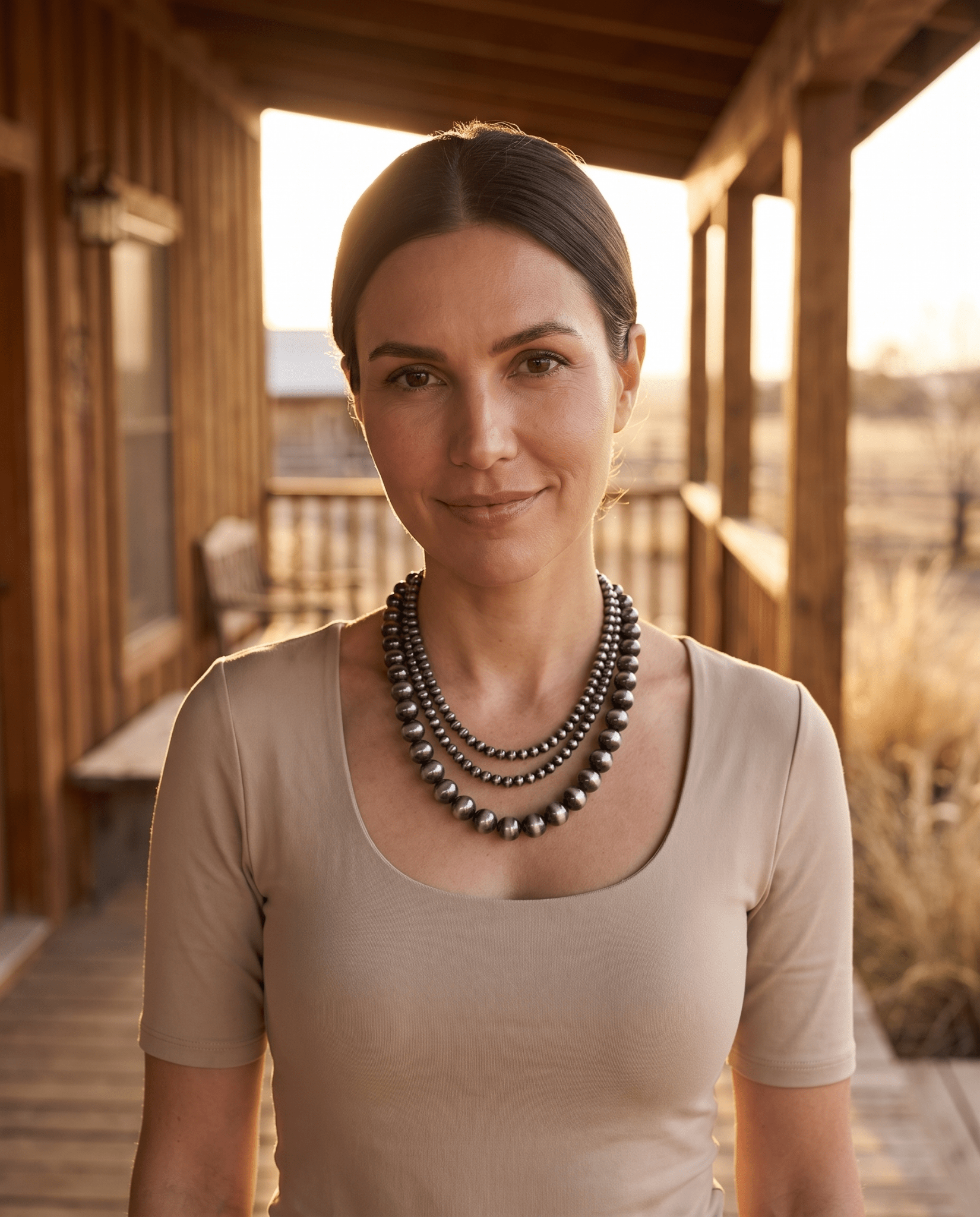 Desert Dreamer 3-Strand Western Faux Sterling Pearl Necklace — Single-Clasp Layered Look - Cowhide and Conchos