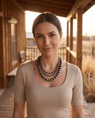 Desert Dreamer 3-Strand Western Faux Sterling Pearl Necklace — Single-Clasp Layered Look - Cowhide and Conchos