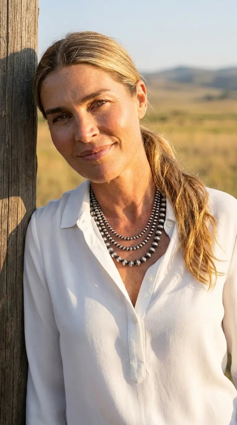 Desert Dreamer 3-Strand Western Faux Sterling Pearl Necklace — Single-Clasp Layered Look - Cowhide and Conchos