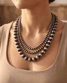 Desert Dreamer 3-Strand Western Faux Sterling Pearl Necklace — Single-Clasp Layered Look - Cowhide and Conchos