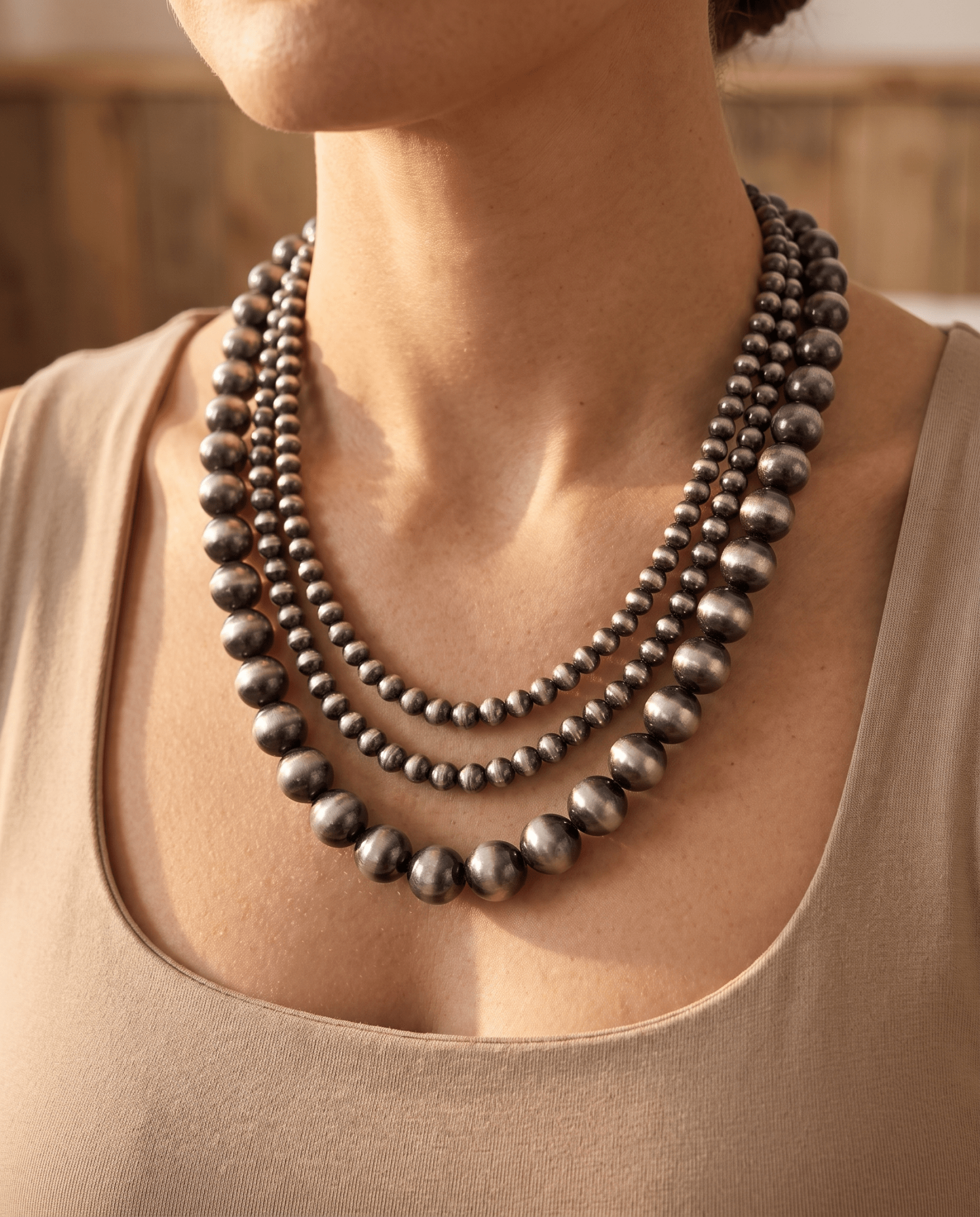 Desert Dreamer 3-Strand Western Faux Sterling Pearl Necklace — Single-Clasp Layered Look - Cowhide and Conchos