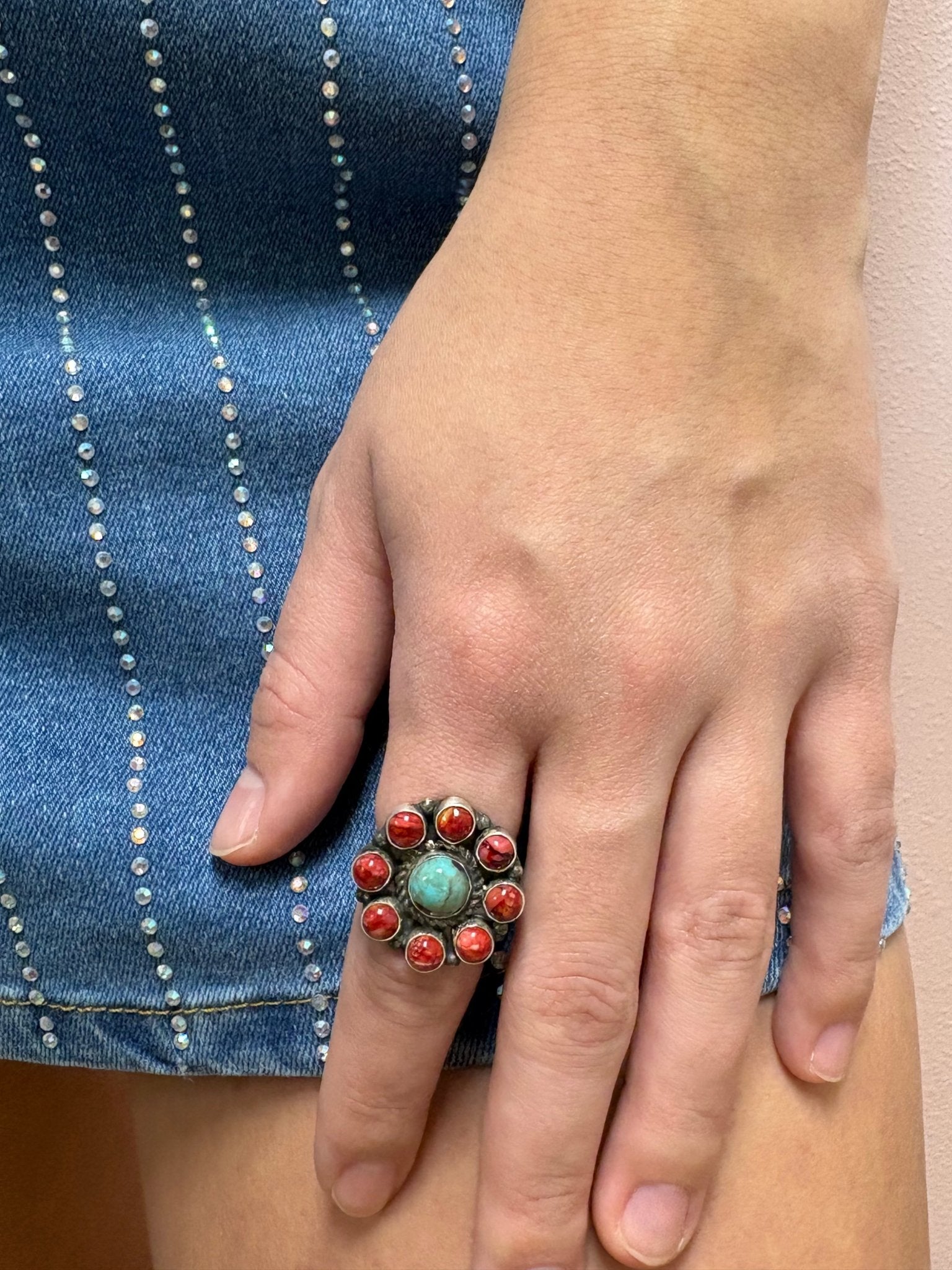 Devin Brown Navajo Handmade Sterling Silver Coral/Turquoise Adjustable Ring - Size 7.5 - 9 - Cowhide and Conchos