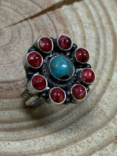 Devin Brown Navajo Handmade Sterling Silver Coral/Turquoise Adjustable Ring - Size 7.5 - 9 - Cowhide and Conchos