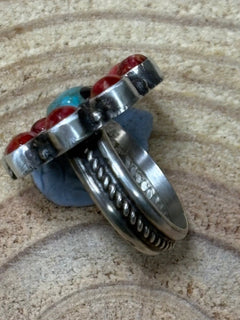 Devin Brown Navajo Handmade Sterling Silver Coral/Turquoise Adjustable Ring - Size 7.5 - 9 - Cowhide and Conchos