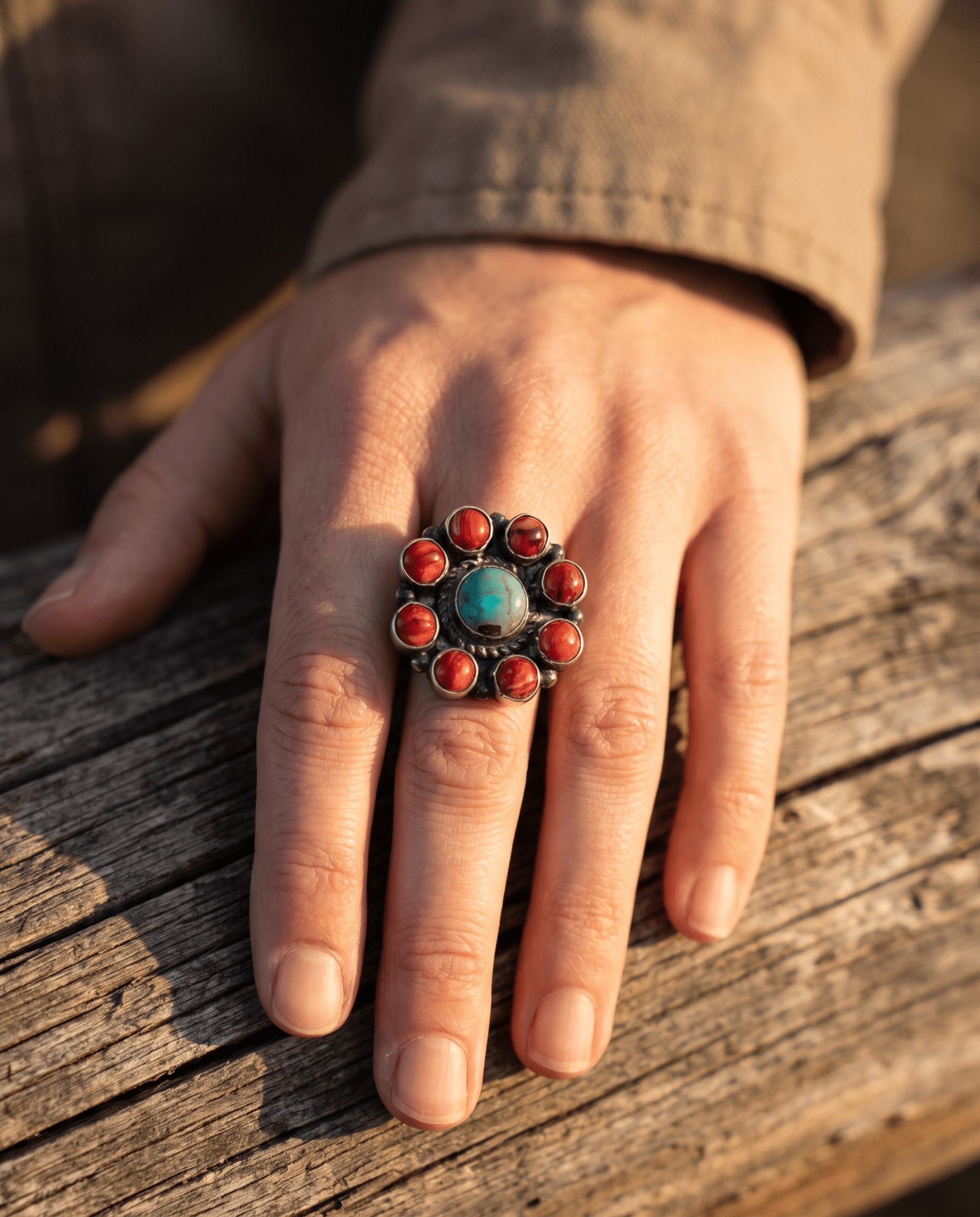 Devin Brown Navajo Sterling Silver Coral & Turquoise Adjustable Ring — Size 7.5–9 - Cowhide and Conchos