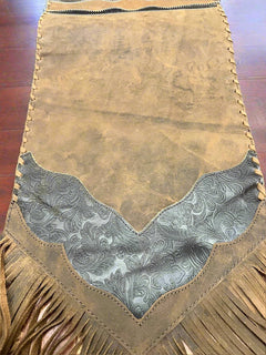Distressed Brown Leather Table Runner with Fringe - Cowhide and Conchos