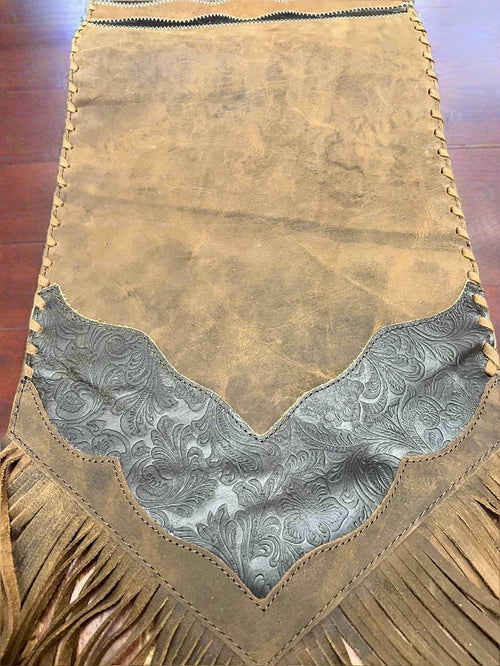 Distressed Brown Leather Table Runner with Fringe - Cowhide and Conchos