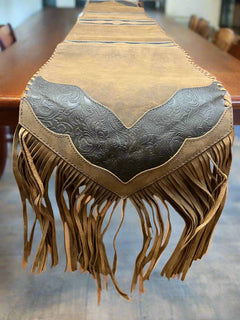 Distressed Brown Leather Table Runner with Fringe - Cowhide and Conchos