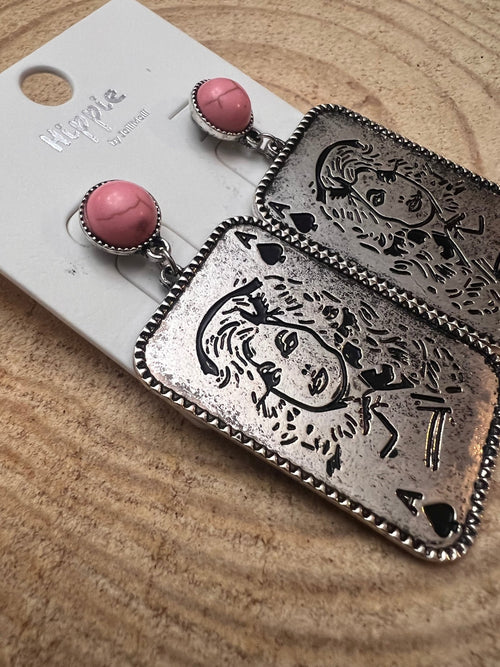 Dolly Card Theme Dangle Earrings with Pink Stone - 2 1/2 inch drop - Cowhide and Conchos
