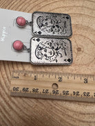 Dolly Card Theme Dangle Earrings with Pink Stone - 2 1/2 inch drop - Cowhide and Conchos