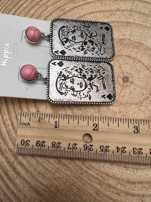 Dolly Card Theme Dangle Earrings with Pink Stone - 2 1/2 inch drop - Cowhide and Conchos