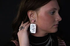 Dolly Card Theme Dangle Earrings with Pink Stone - 2 1/2 inch drop - Cowhide and Conchos