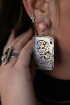 Dolly Card Theme Dangle Earrings with Pink Stone - 2 1/2 inch drop - Cowhide and Conchos