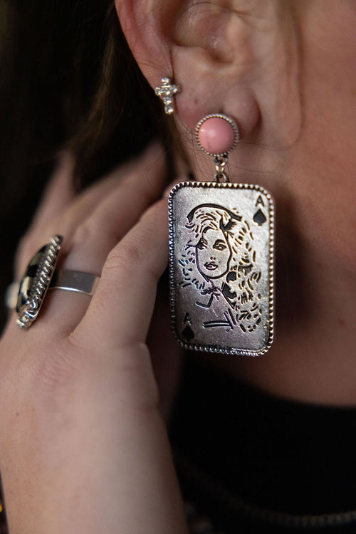 Dolly Card Theme Dangle Earrings with Pink Stone - 2 1/2 inch drop - Cowhide and Conchos