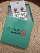 Dolly Card Theme Dangle Earrings with Pink Stone - 2 1/2 inch drop - Cowhide and Conchos