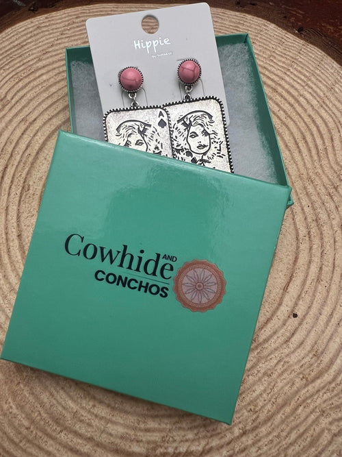 Dolly Card Theme Dangle Earrings with Pink Stone - 2 1/2 inch drop - Cowhide and Conchos