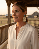 Dolly Card Theme Western Dangle Earrings with Faux Turquoise Stone — 2½" Drop - Cowhide and Conchos