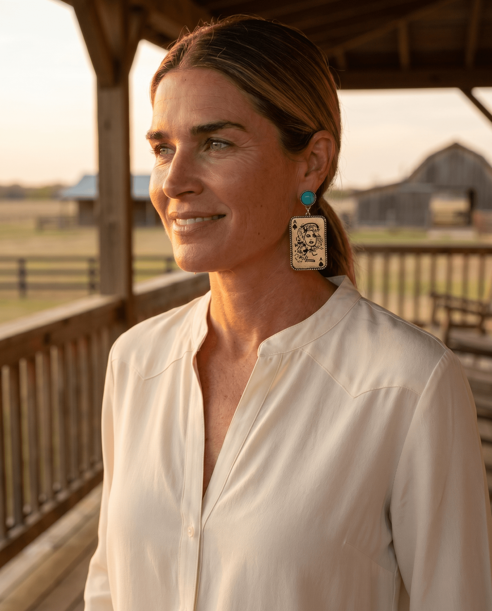 Dolly Card Theme Western Dangle Earrings with Faux Turquoise Stone — 2½" Drop - Cowhide and Conchos