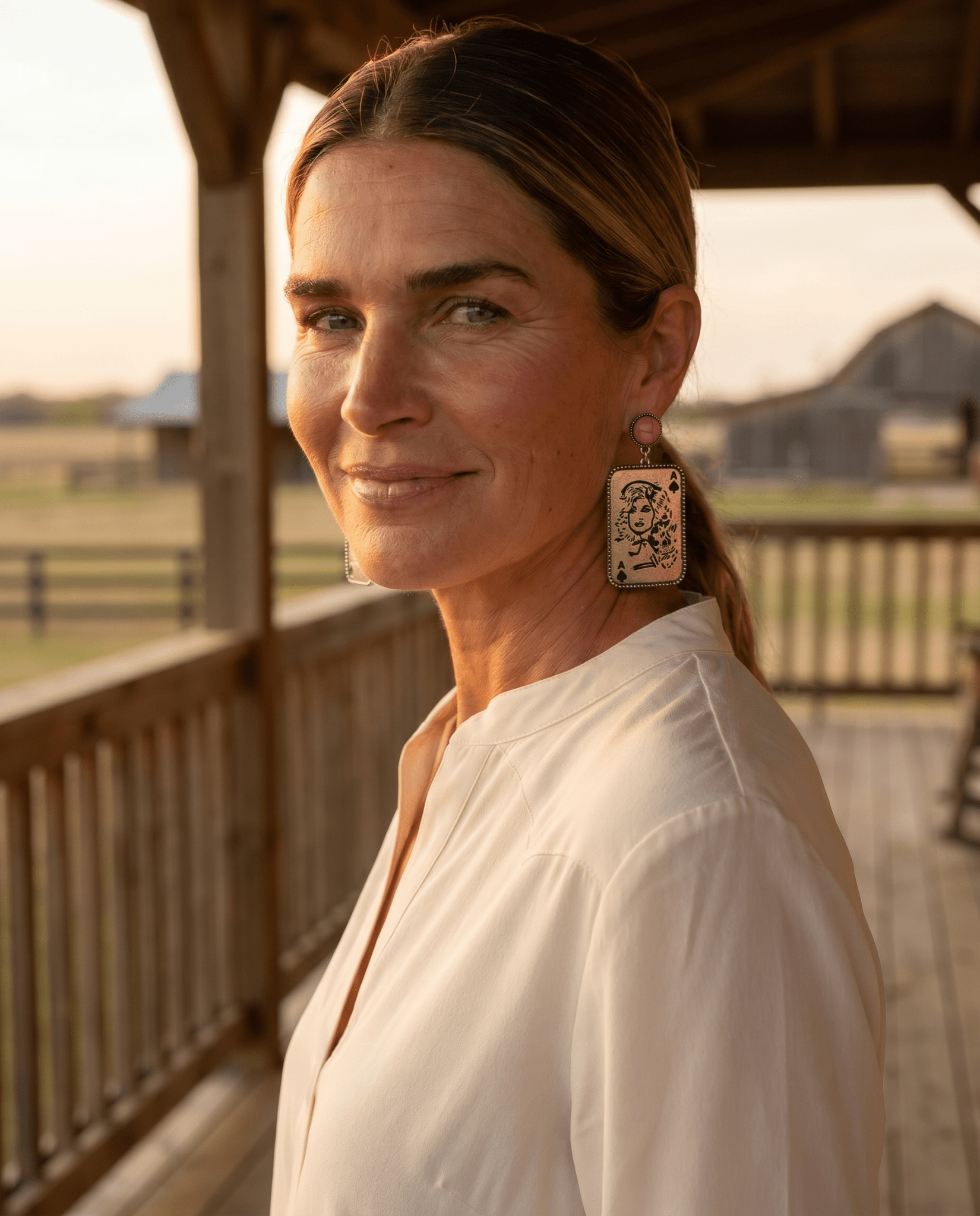 Dolly Card Theme Western Dangle Earrings with Pink Stone — 2½" Drop - Cowhide and Conchos