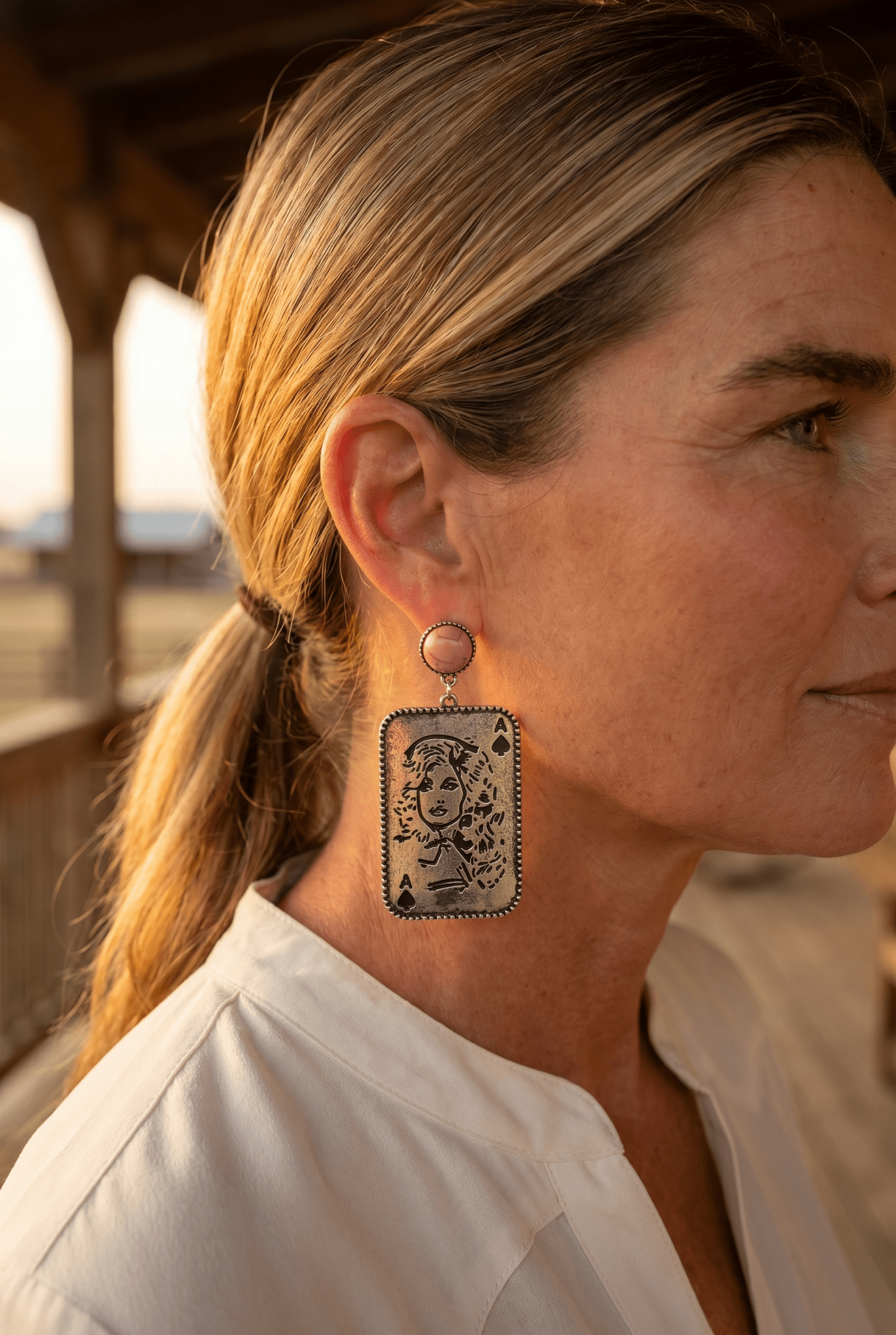Dolly Card Theme Western Dangle Earrings with Pink Stone — 2½" Drop - Cowhide and Conchos