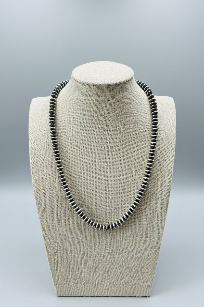 Dorinda Mariano Navajo Sterling Silver Handcrafted Navajo Pearl Necklace — 20" (5mm×8mm Graduated Beads, D. Mariano Hallmarked, Heirloom) - Cowhide and Conchos