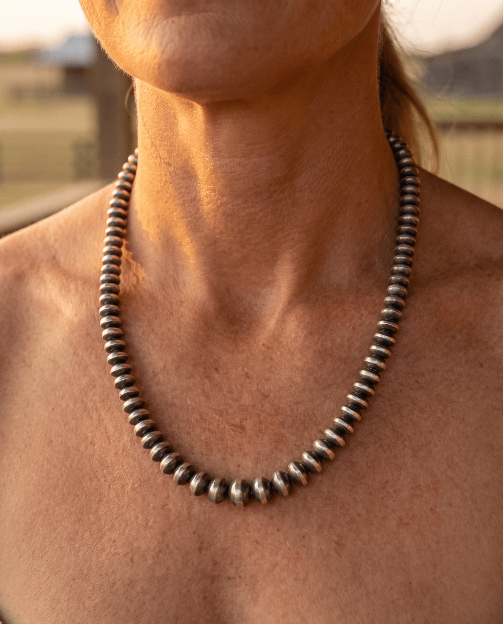Dorinda Mariano Navajo Sterling Silver Handcrafted Navajo Pearl Necklace — 20" (5mm×8mm Graduated Beads, D. Mariano Hallmarked, Heirloom) - Cowhide and Conchos