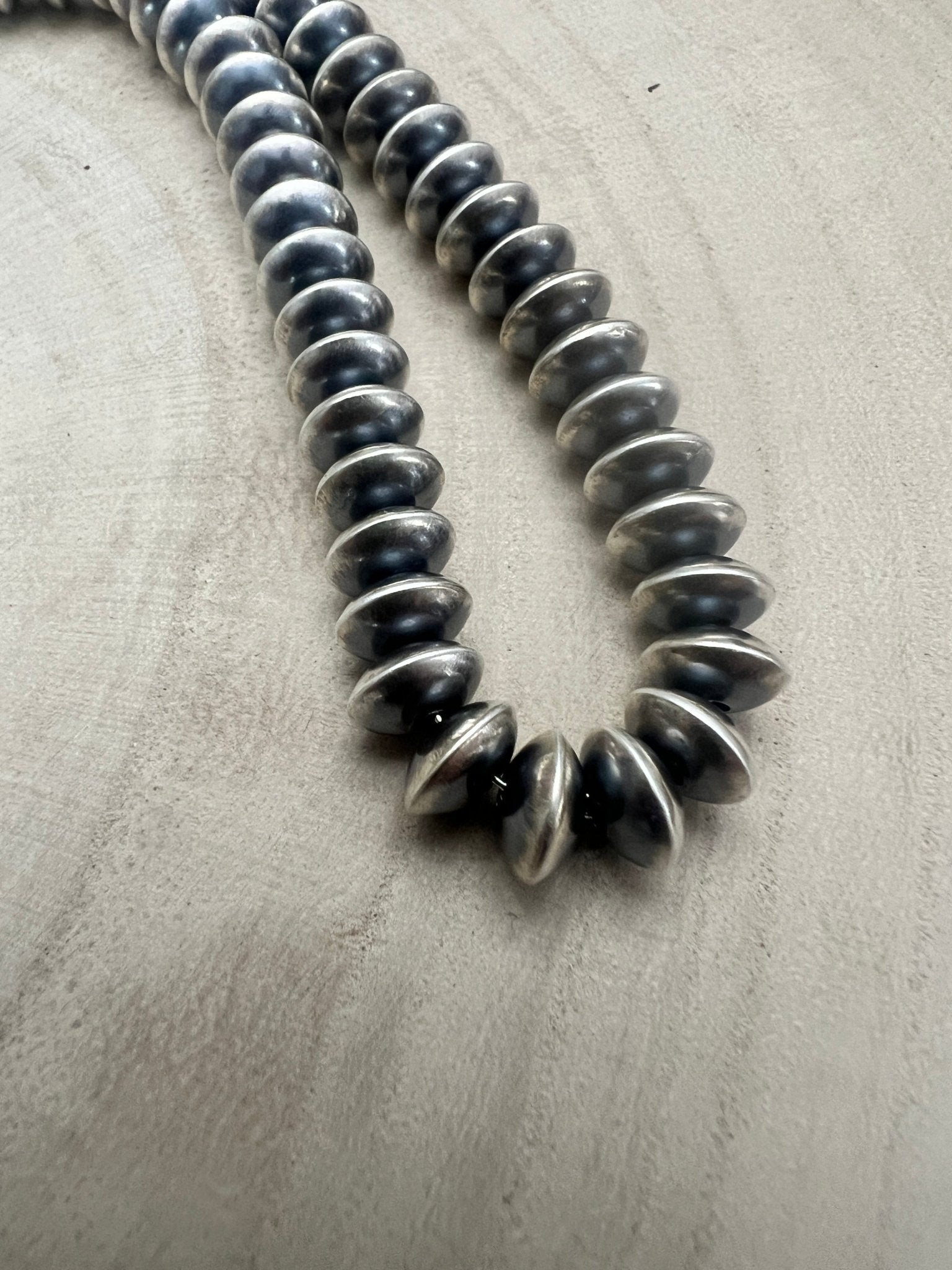 Dorinda Mariano Navajo Sterling Silver Handcrafted Navajo Pearl Necklace — 20" (5mm×8mm Graduated Beads, D. Mariano Hallmarked, Heirloom) - Cowhide and Conchos